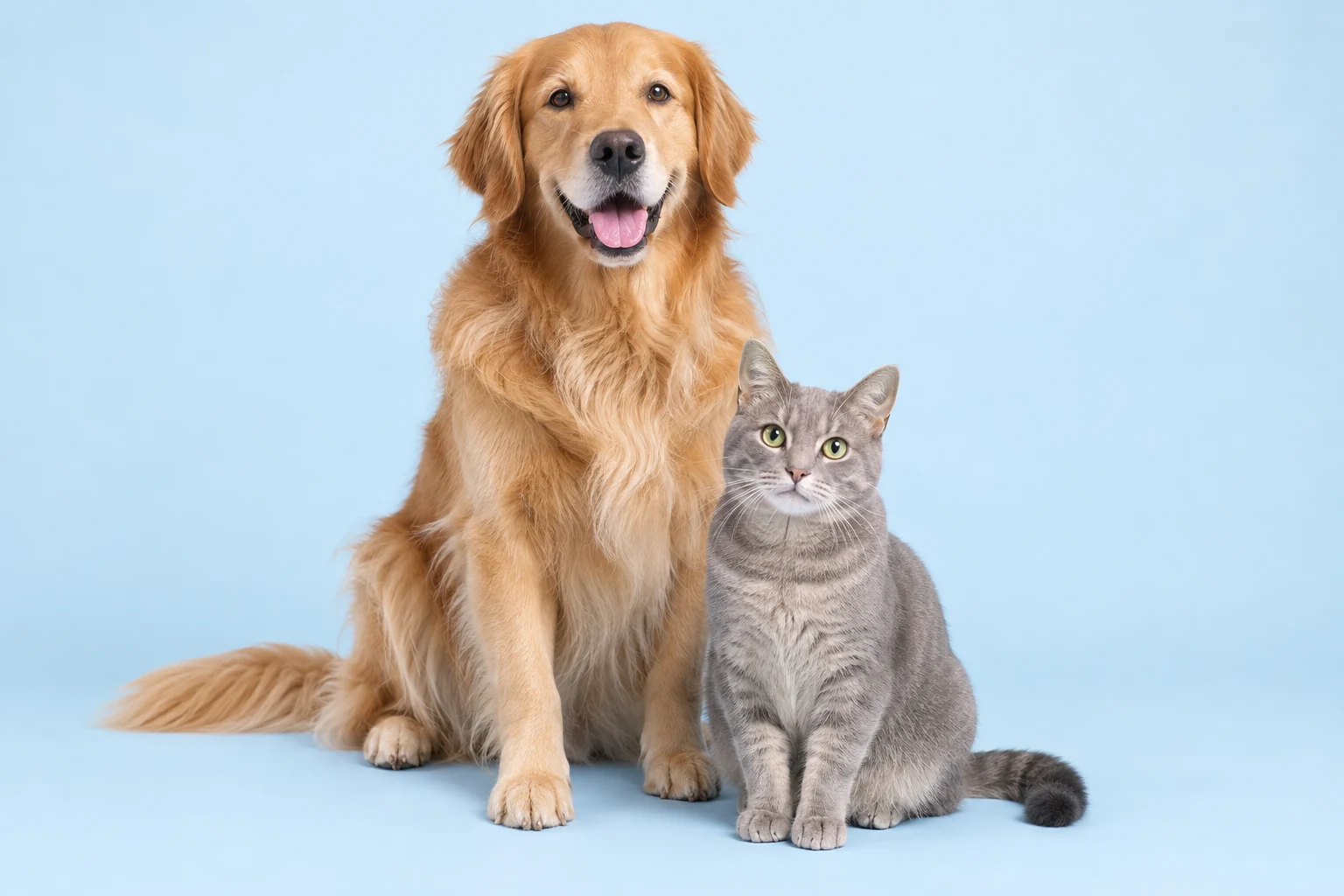 Un golden retriever e un gatto grigio insieme su uno sfondo azzurro